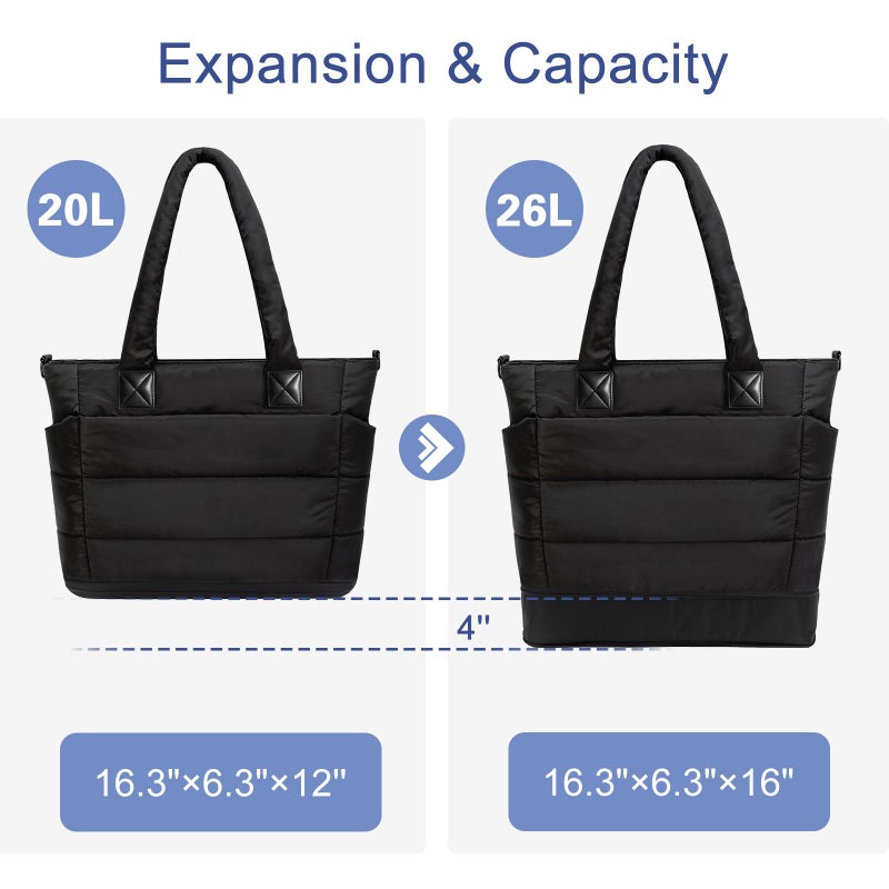GASSDA Tote Bag for Women Puffer Tote Bag Large Quilted Nurse Bag with Zipper for Work Travel (Z-large Black) - Image 3