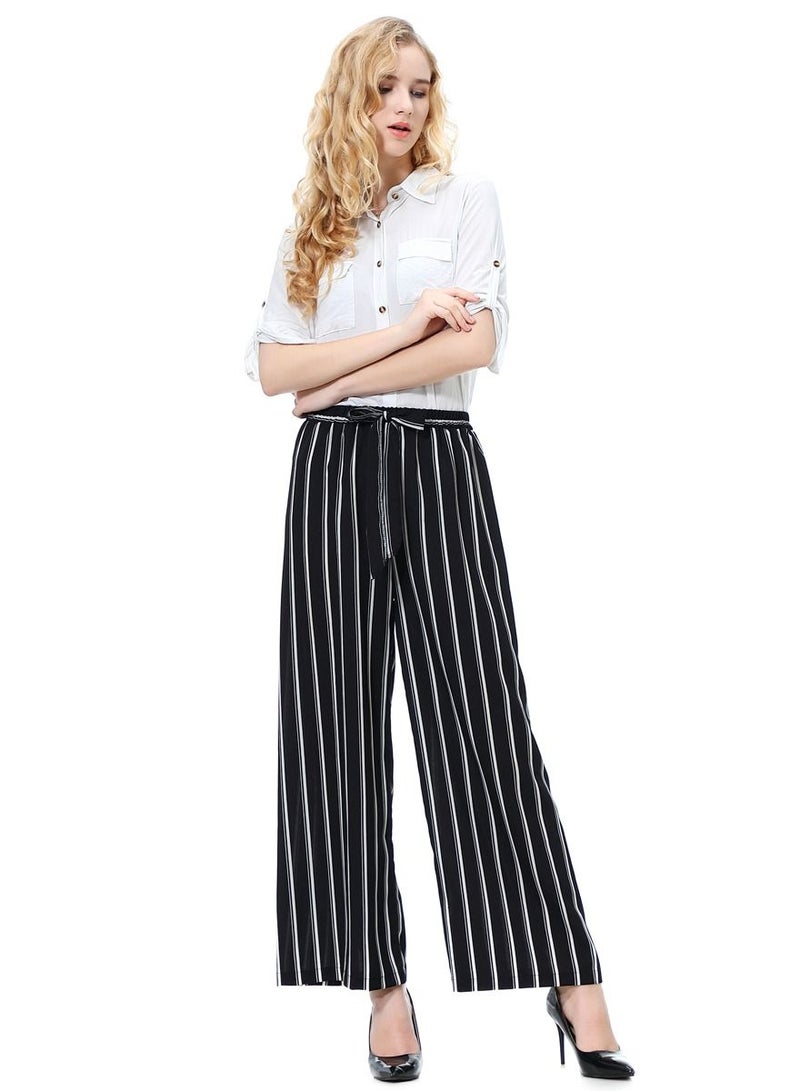 Loquat Women's Stripes Pattern Elastic Waistband Comforty Loose Casual Pants Black  - Image 1