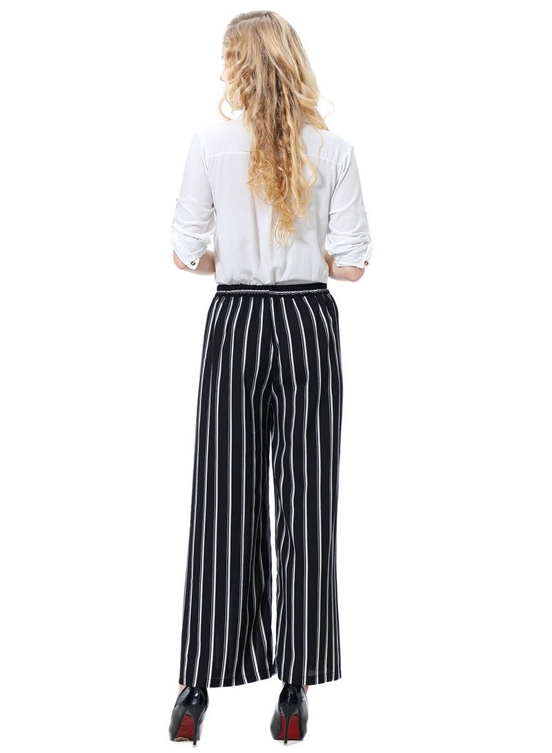 Loquat Women's Stripes Pattern Elastic Waistband Comforty Loose Casual Pants Black  - Image 2