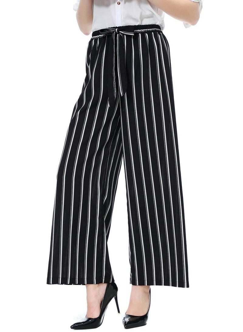Loquat Women's Stripes Pattern Elastic Waistband Comforty Loose Casual Pants Black  - Image 3