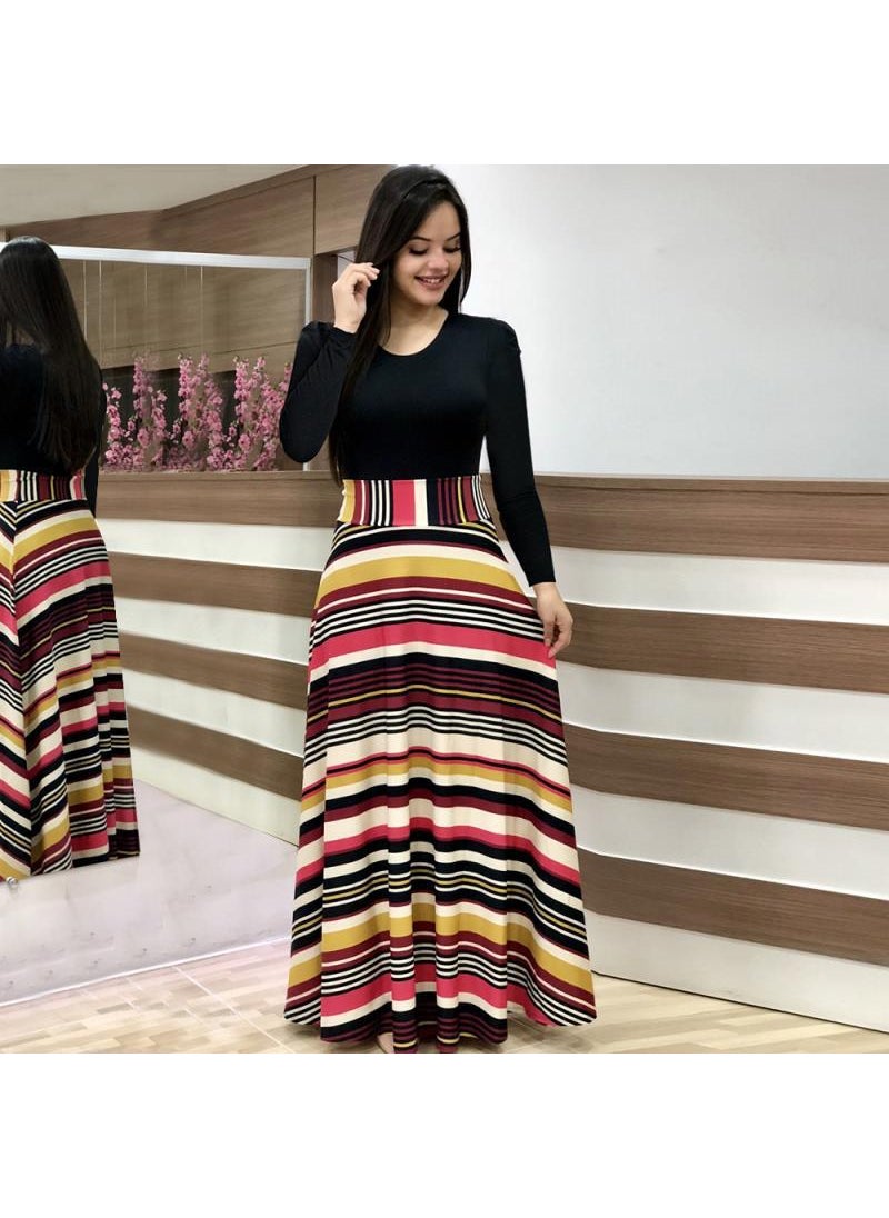 Generic - 1 x 5 pcs Autumn Floral Print Colorblock Long Dress Women Red - Image 1