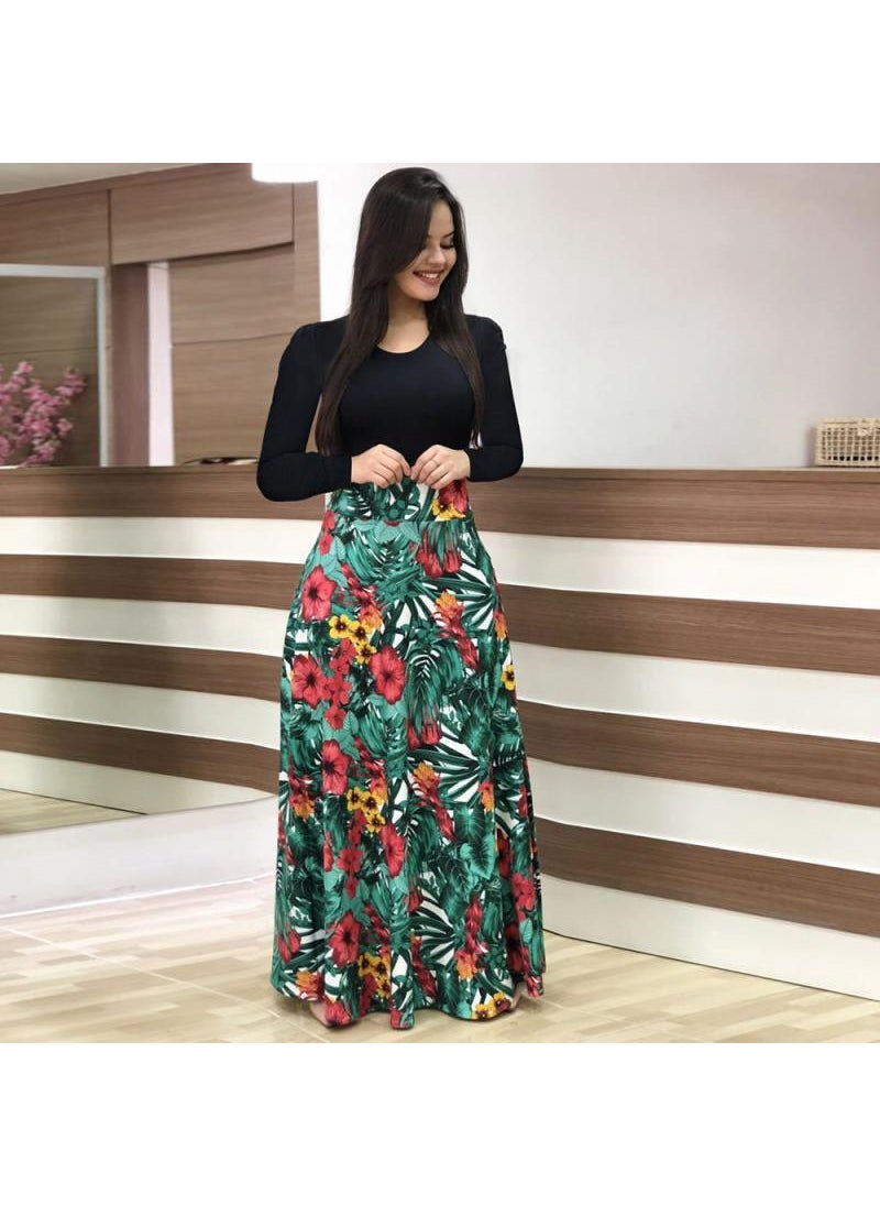 Generic - 1 x 5 pcs Autumn Floral Print Colorblock Long Dress Women Red - Image 1