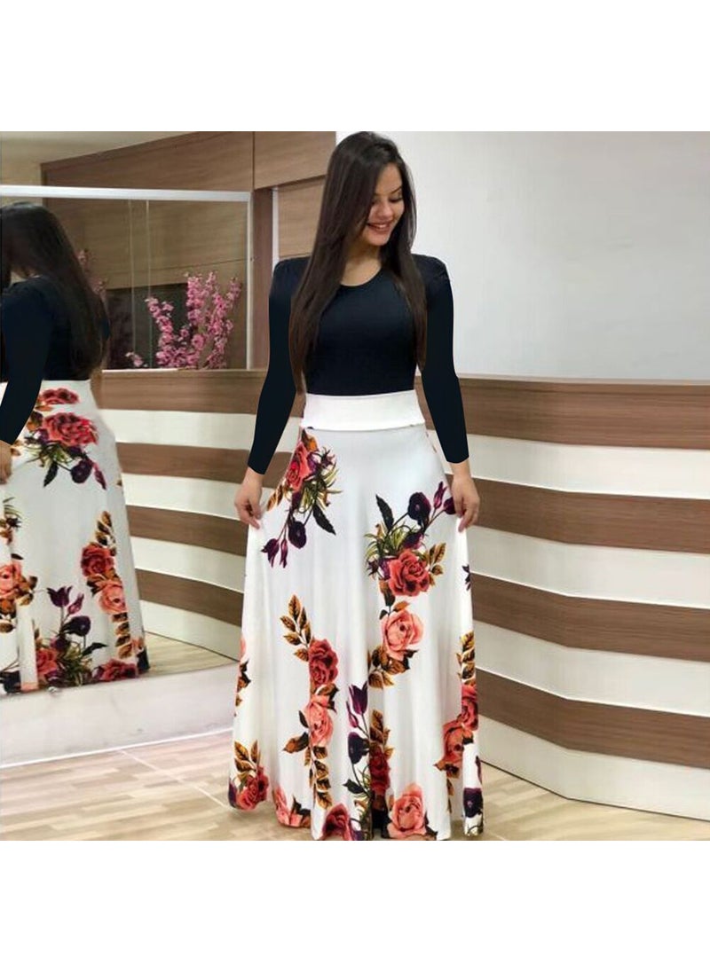 Generic - 1 x 5 pcs Autumn Floral Print Colorblock Long Dress Women Red - Image 1
