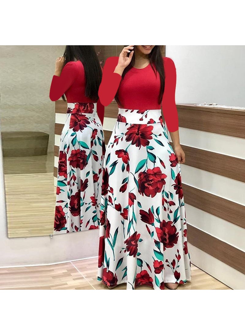Generic - 1 x 5 pcs Autumn Floral Print Colorblock Long Dress Women Red - Image 1