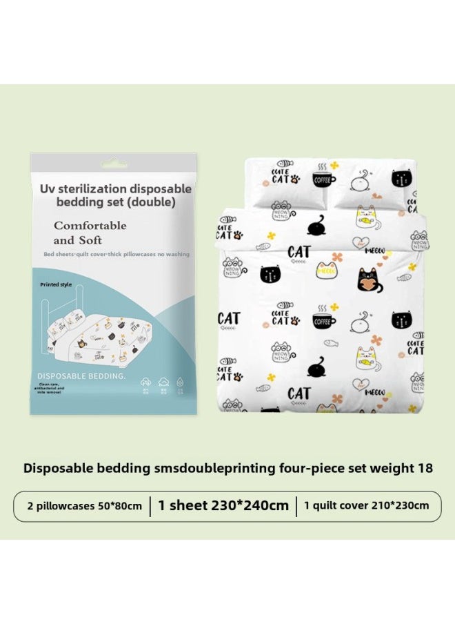 Generic Hotel Disposable Bed Sheet Four-piece Quilt Cover Pillowcase Quilt Cover Travel Travel Double Bed Supplies Dirty Thickened-Color:Printed Double Four-piece Set  - Image 1