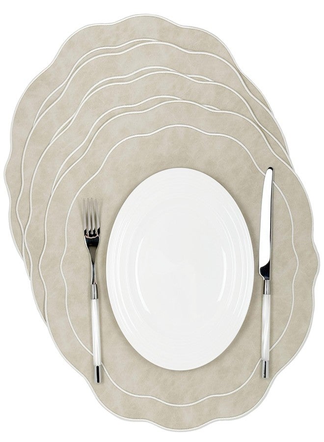 Bryonia Embroidered Scalloped Faux Leather Placemats Set of 4 - Earth Tone, Soft, Wipeable Luxury Dinner Table Mats for Dining & Wedding, 17.25" x 15", Ivory - Image 1