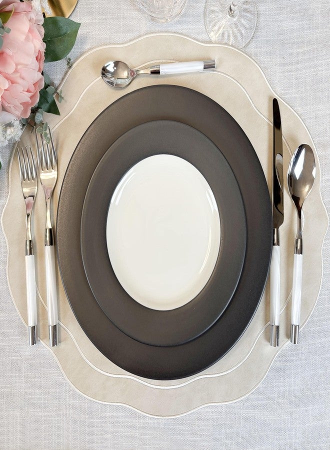 Bryonia Embroidered Scalloped Faux Leather Placemats Set of 4 - Earth Tone, Soft, Wipeable Luxury Dinner Table Mats for Dining & Wedding, 17.25" x 15", Ivory - Image 2