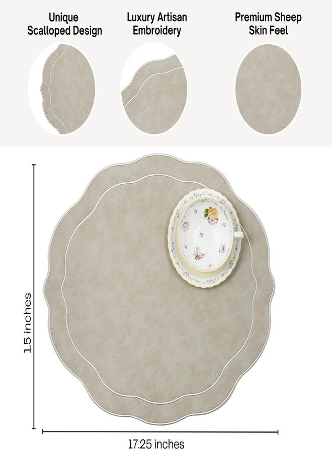 Bryonia Embroidered Scalloped Faux Leather Placemats Set of 4 - Earth Tone, Soft, Wipeable Luxury Dinner Table Mats for Dining & Wedding, 17.25" x 15", Ivory - Image 3