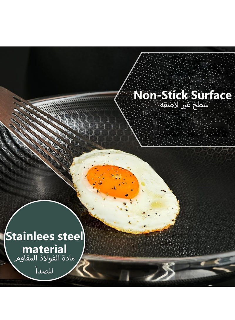Sharpdo Kitchen Household Non-Stick Pan, 3-Layer Steel Single-Sided Honeycomb Texture Non-Stick Frying Pan with Lid 28CM - Image 4