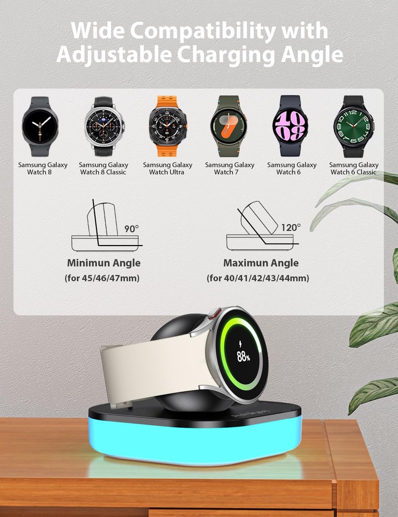 Autallgee Charger Stand for Samsung Galaxy Watch Charger, Magnetic Nightstand Mode Charging Stand with Light & USB Cable for Watch 8/8 Classic/Ultra (2025)/Ultra/7/6/6 Classic/5/5 Pro/4/4 Classic/3/Active/FE - Image 2