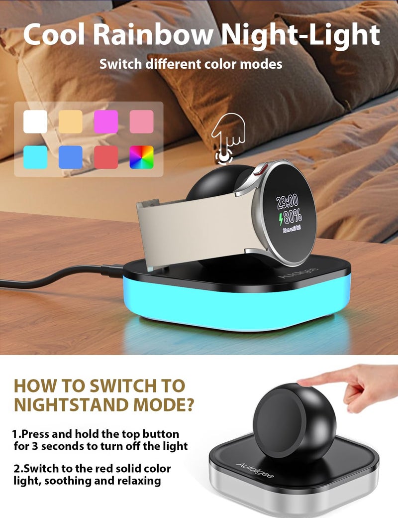 Autallgee Charger Stand for Samsung Galaxy Watch Charger, Magnetic Nightstand Mode Charging Stand with Light & USB Cable for Watch 8/8 Classic/Ultra (2025)/Ultra/7/6/6 Classic/5/5 Pro/4/4 Classic/3/Active/FE - Image 3