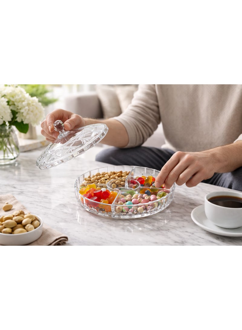 طبق تسالي وضيافة أكريليك شفاف مقسم مع غطاء بتصميم كريستال مقاوم للكسر للمكسرات والحلويات - Image 4
