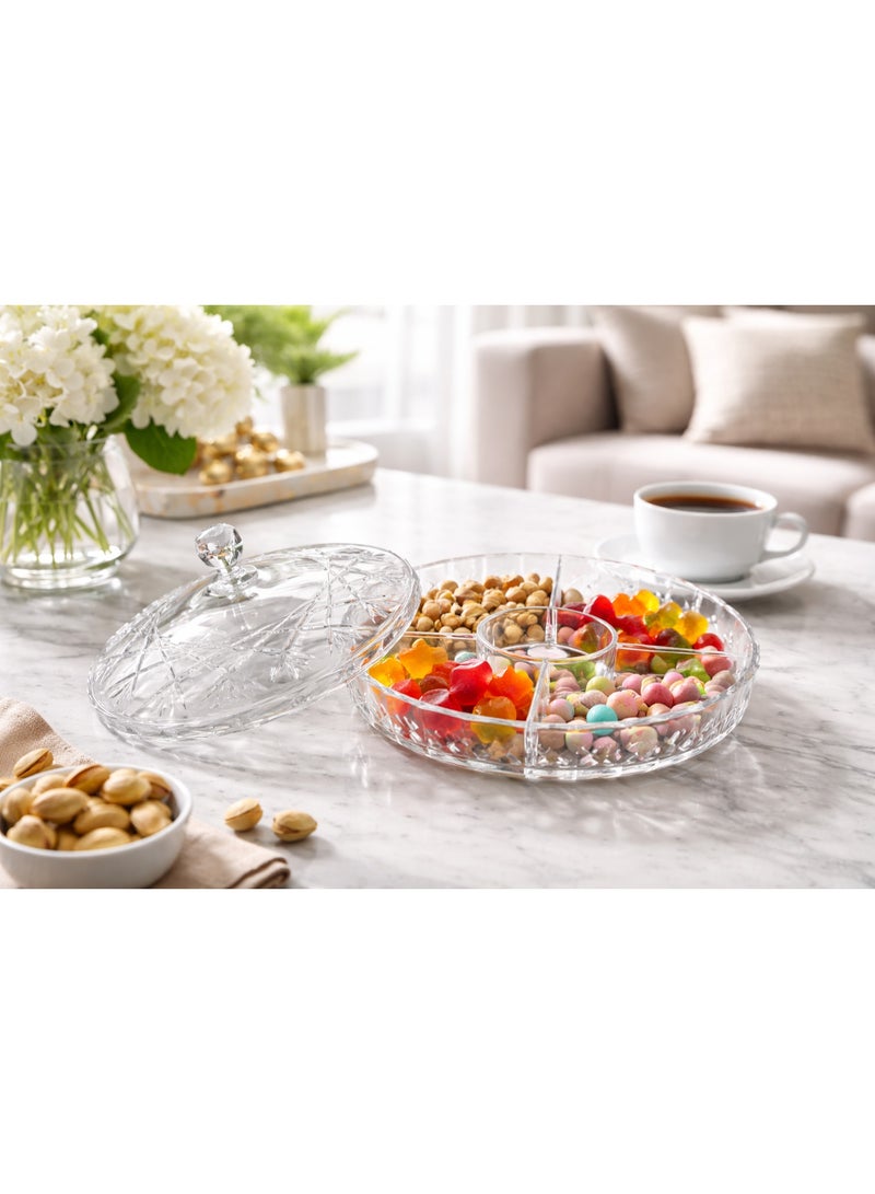 طبق تسالي وضيافة أكريليك شفاف مقسم مع غطاء بتصميم كريستال مقاوم للكسر للمكسرات والحلويات - Image 2