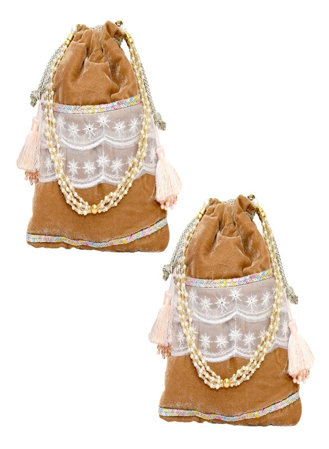 Dulhan Velvet Potli Bag with Pearl Handle | Sequin Tissue Lace Zari Tassels and Resham Dori | Camel Brown Soft Padded Wedding Shagun Pouch for Return Gifts, Wedding, Winter and Festive Use -pack of 2 - Image 1