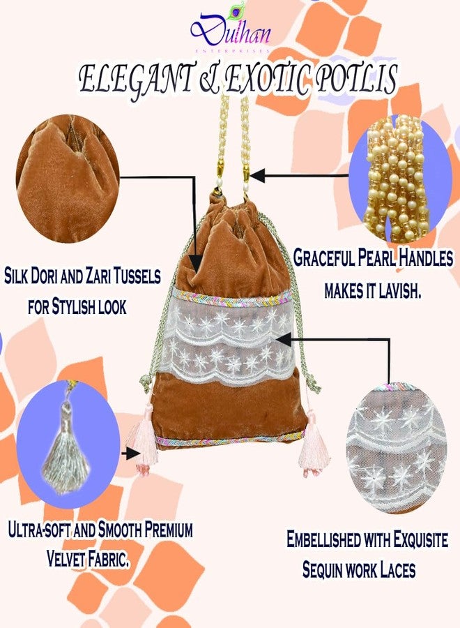 Dulhan Velvet Potli Bag with Pearl Handle | Sequin Tissue Lace Zari Tassels and Resham Dori | Camel Brown Soft Padded Wedding Shagun Pouch for Return Gifts, Wedding, Winter and Festive Use -pack of 2 - Image 4