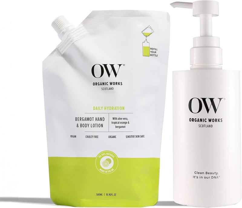 Organic Works Bergamot Hand Body Lotion Starter Pack 500ml 9999 Natural 24hr Calming Moisturising with Aloe Vera Coconut Oil Shea Butter Soft Supple Dry Skin Protective Care