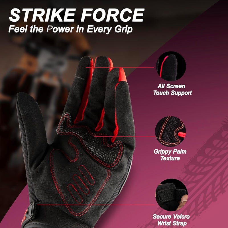 BADOWL RYDON Knuckle Protection Riding Gloves | Anti-Slip Grip & Touchscreen Sports Gloves | Durable, Breathable, All-Weather Design (RED,L) - Image 4