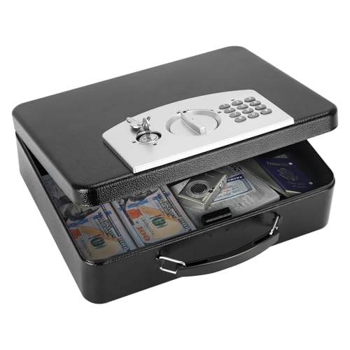KYODOLED Safe Box with Digital Keypad Lock, Lock Box with Code for Personal Items, Metal Security Box for Cash, Passport, Jewelry, Ideal for Home, Office, Garage Sale, 11.8'' x 9.4'' x 3.5'', Black - Image 1