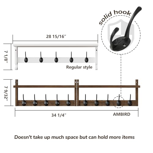 AMBIRD 34.2 inch Wooden Extra-Long Wall Hook Rack with Shelf - Versatile and Decorative Wall-Mounted Storage - 10 Hooks for Hanging Coats, Hats, Scarves - Ideal for Entryways, Bedrooms, Closets - Image 5