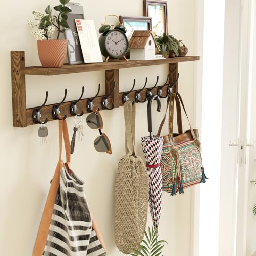 AMBIRD 34.2 inch Wooden Extra-Long Wall Hook Rack with Shelf - Versatile and Decorative Wall-Mounted Storage - 10 Hooks for Hanging Coats, Hats, Scarves - Ideal for Entryways, Bedrooms, Closets - Image 2