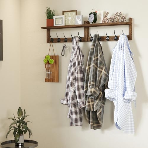AMBIRD 34.2 inch Wooden Extra-Long Wall Hook Rack with Shelf - Versatile and Decorative Wall-Mounted Storage - 10 Hooks for Hanging Coats, Hats, Scarves - Ideal for Entryways, Bedrooms, Closets - Image 4