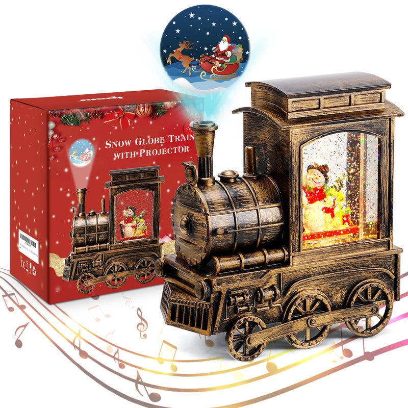 IPOW Christmas Snow Globe Lantern Train with Santa Sleigh Projection Water Swirling Glitter Musical and Lighted USB Powered  Battery Operated Music Box for Christmas Home Decoration Gift