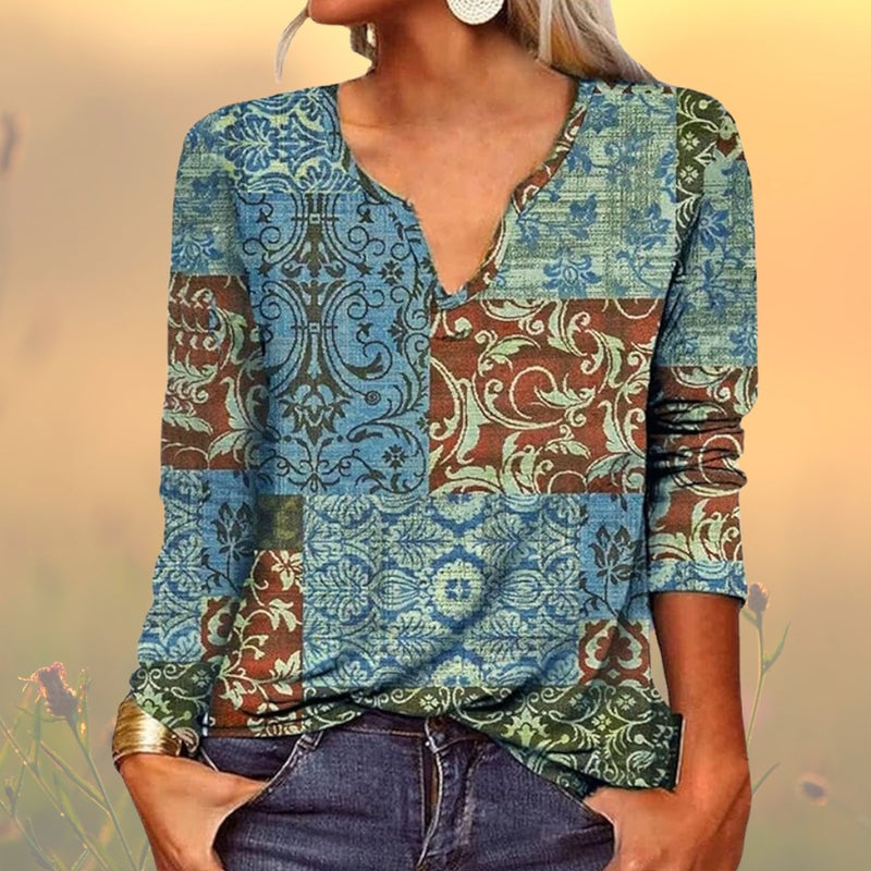 2025 Spring Loose Long Sleeve Flower Mang V-neck T-shirt Base Shirt Women's Wear - Image 1