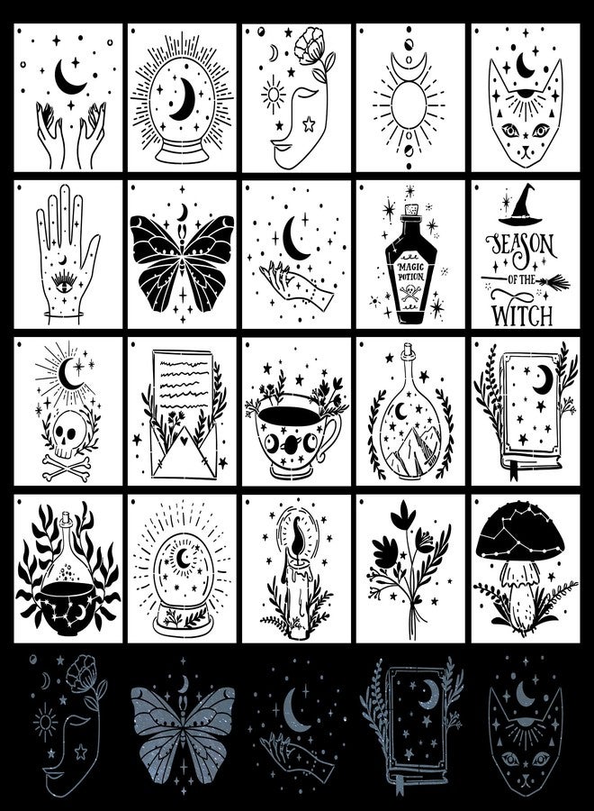 AFRITEE Magic Style Stencils for Painting - 20 Pcs Magic Potion Fairy Crystal Ball Stars Moon Ancient Book Flowers Mushrooms Butterfly DIY Craft Template Paint Stencils for Painting on Wood Wall Home Decor - Image 3