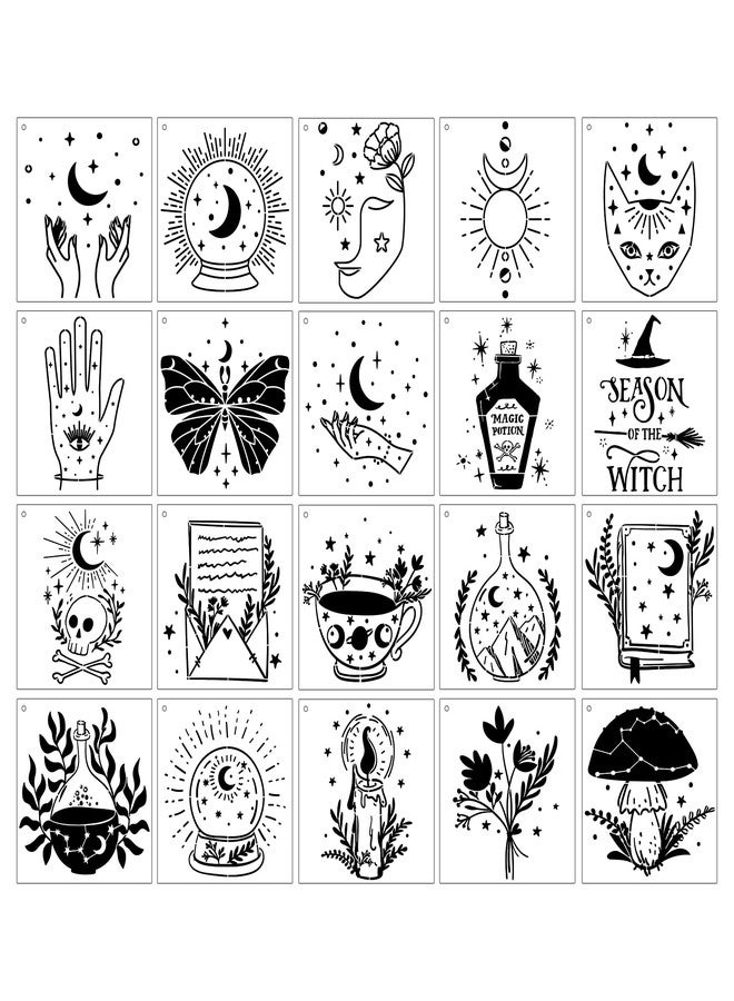 AFRITEE Magic Style Stencils for Painting - 20 Pcs Magic Potion Fairy Crystal Ball Stars Moon Ancient Book Flowers Mushrooms Butterfly DIY Craft Template Paint Stencils for Painting on Wood Wall Home Decor - Image 1