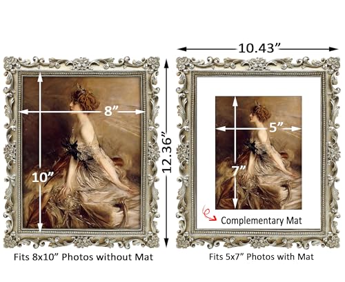 FJXMFRAME Silver Picture Frame 8x10 Vintage Antique for Wall or Tabletop Display Baroque Wedding Frame or Matted to 5x7 Photos - Image 3