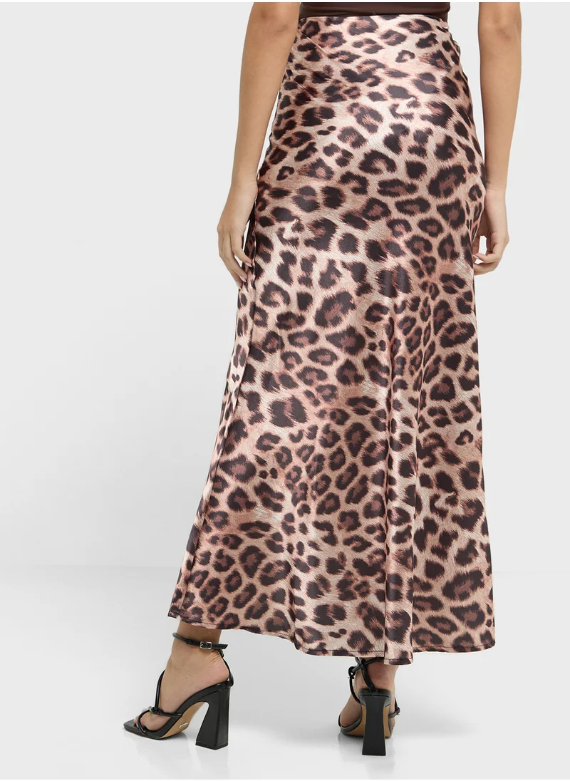 Ginger Satin Bias Maxi Skirt In Leopard Print