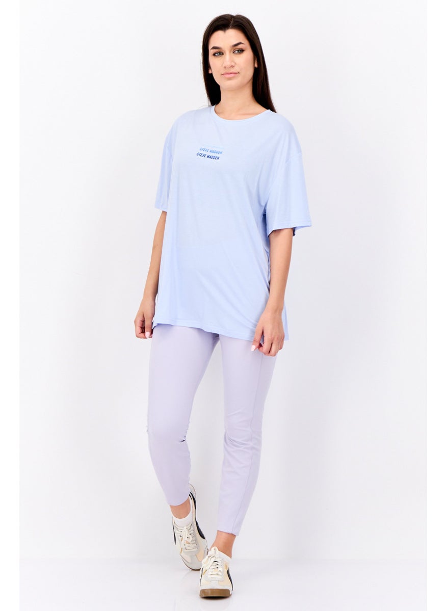 STEVE MADDEN - Women Crew Neck Short Sleeves Brand Logo T-Shirt, Light Blue - Image 1