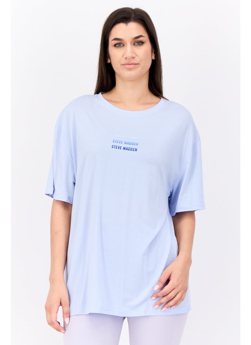 STEVE MADDEN - Women Crew Neck Short Sleeves Brand Logo T-Shirt, Light Blue - Image 1