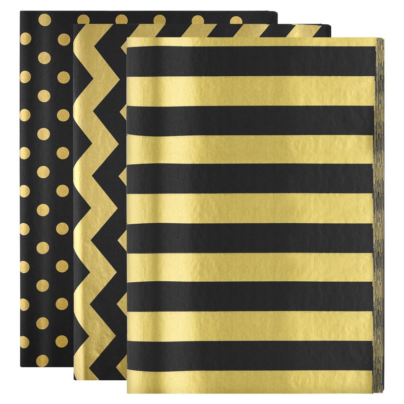 MIAHART 60 Pcs Gold Black Tissue Paper Bulk 3 Style Decorative Metallic Wrapping Paper for Birthday Weddings Christmas Party Decoration DIY Arts Crafts