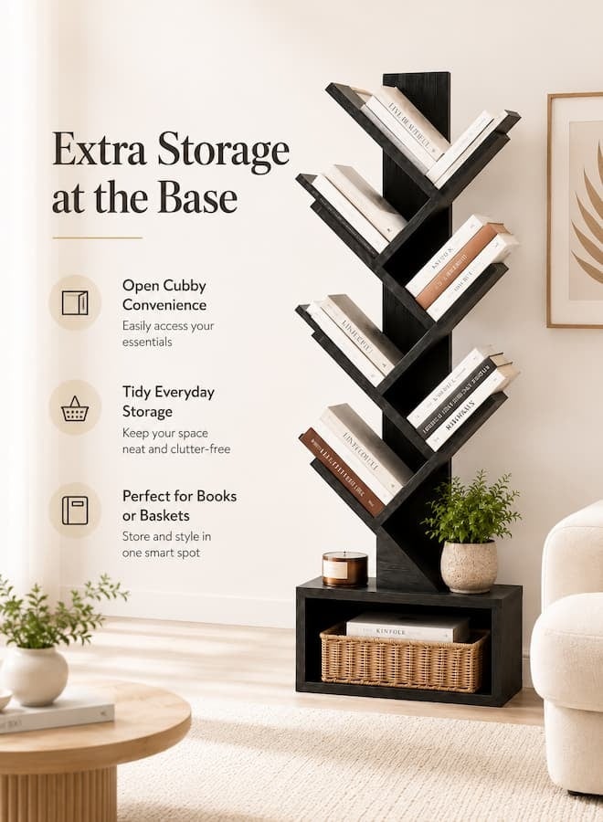 TaqwaMart 7-Tier Tree Bookshelf, Black Wood Grain Floor Standing Bookcase, Space-Saving Vertical Storage Rack with Open Base Shelf for Books, Decor, Living Room, Bedroom and Home Office - Image 3