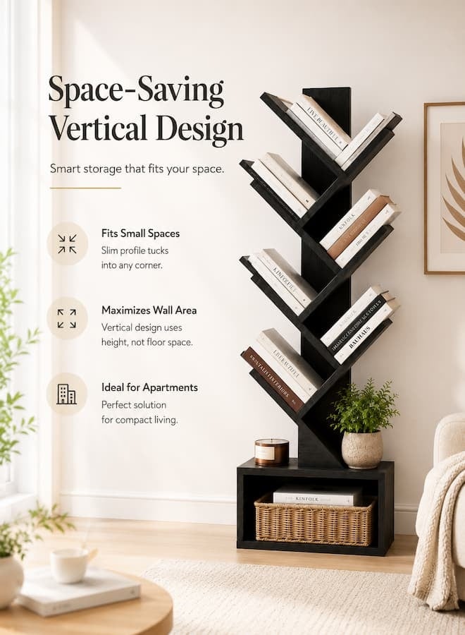 TaqwaMart 7-Tier Tree Bookshelf, Black Wood Grain Floor Standing Bookcase, Space-Saving Vertical Storage Rack with Open Base Shelf for Books, Decor, Living Room, Bedroom and Home Office - Image 5