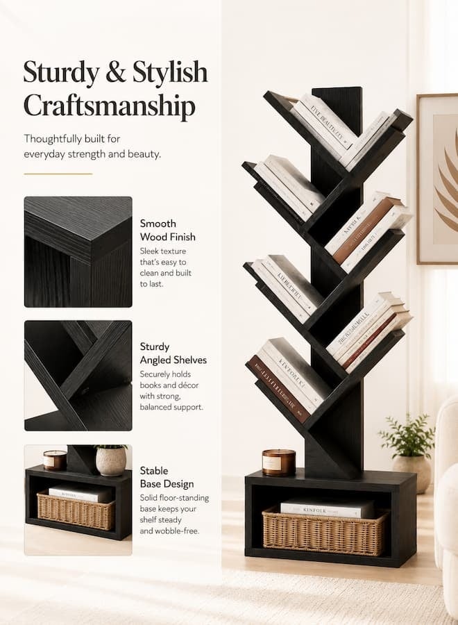 TaqwaMart 7-Tier Tree Bookshelf, Black Wood Grain Floor Standing Bookcase, Space-Saving Vertical Storage Rack with Open Base Shelf for Books, Decor, Living Room, Bedroom and Home Office - Image 2