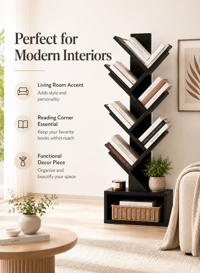 TaqwaMart 7-Tier Tree Bookshelf, Black Wood Grain Floor Standing Bookcase, Space-Saving Vertical Storage Rack with Open Base Shelf for Books, Decor, Living Room, Bedroom and Home Office - Image 1