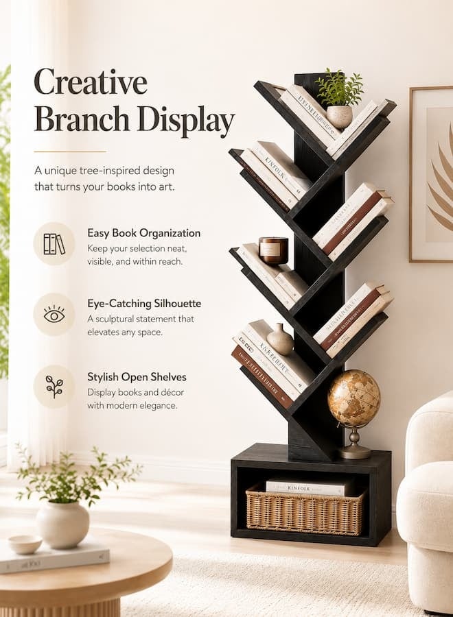 TaqwaMart 7-Tier Tree Bookshelf, Black Wood Grain Floor Standing Bookcase, Space-Saving Vertical Storage Rack with Open Base Shelf for Books, Decor, Living Room, Bedroom and Home Office - Image 4