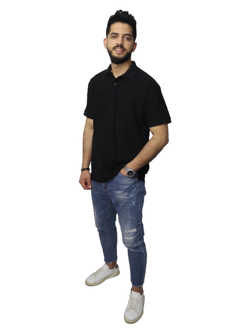 وان هاند تي شيرت بولو كاجوال قطن - أسود - Image 4