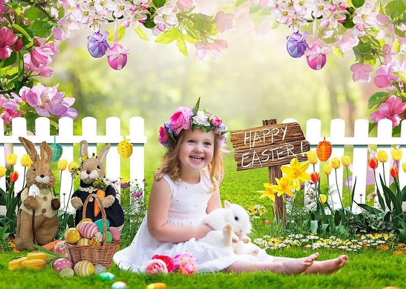 LTLYH 7x5ft Easter Backdrop Spring Flower Garden Photo Background Rabbit Colorful Eggs Fence Grass Wall Decor Photography Background Kids Children Birthday Banner 172 - Image 1