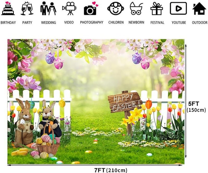 LTLYH 7x5ft Easter Backdrop Spring Flower Garden Photo Background Rabbit Colorful Eggs Fence Grass Wall Decor Photography Background Kids Children Birthday Banner 172 - Image 2