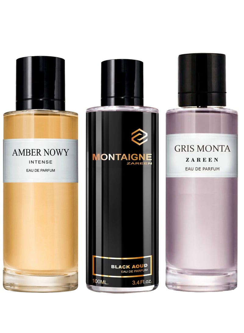 زارين مجموعة 3 عطور فاخرة جريس مونتا , بلاك عود , عنبر نوي زارين 100 مل