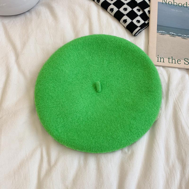 Womens Autumn/winter Korean Style Vintage Candy Color Woolen Beret Hat Self-designed Warm Stylish For Skullies Beanies Grass Green 