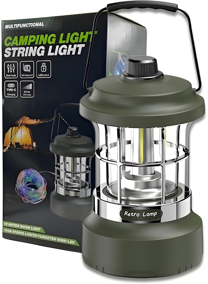 QLIGHT Rechargeable LED Camping Lantern with 15m RGB String Lights – 4000mAh Battery, Dual Light Modes Camping lights Portable Waterproof Lights for Camping Green LED Lantern for Outdoor Activities and Camping Tent Light - Image 1