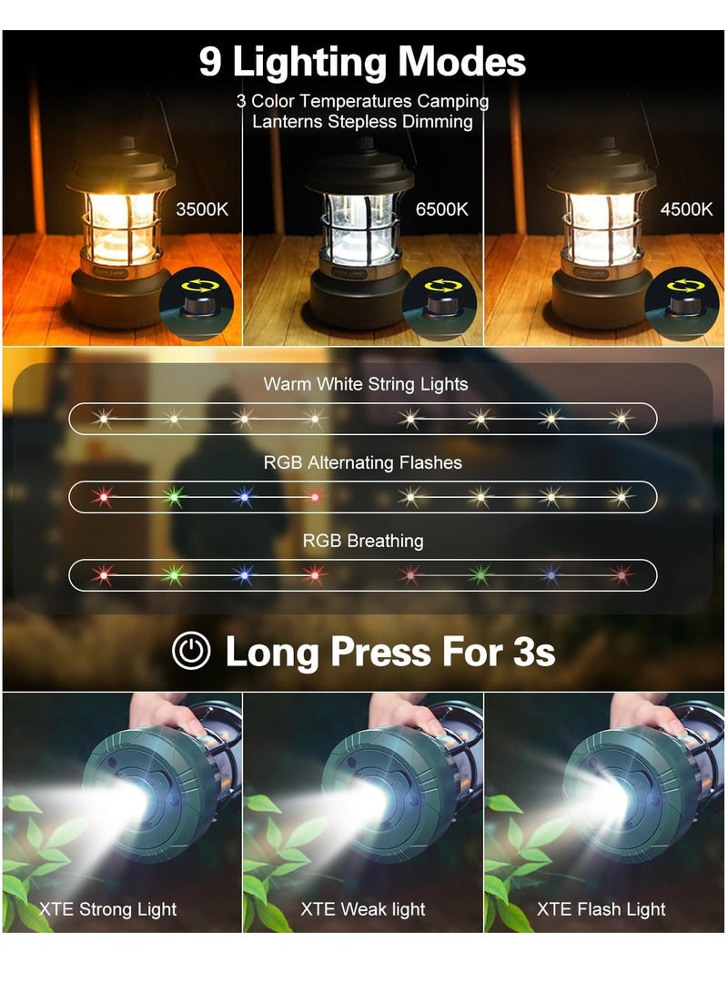 QLIGHT Rechargeable LED Camping Lantern with 15m RGB String Lights – 4000mAh Battery, Dual Light Modes Camping lights Portable Waterproof Lights for Camping Green LED Lantern for Outdoor Activities and Camping Tent Light - Image 2