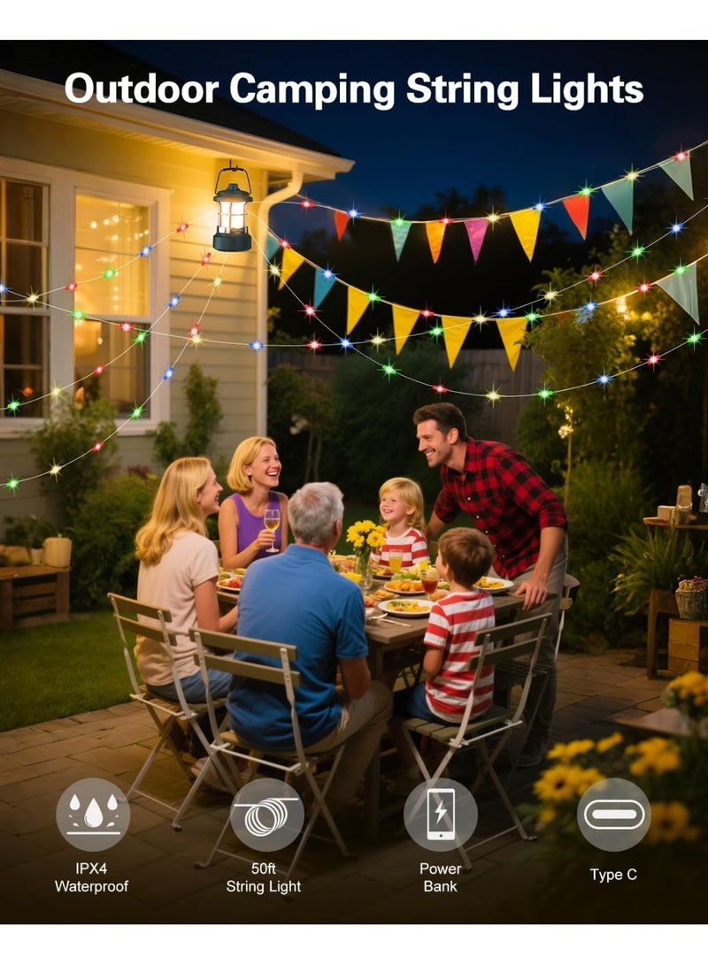 QLIGHT Rechargeable LED Camping Lantern with 15m RGB String Lights – 4000mAh Battery, Dual Light Modes Camping lights Portable Waterproof Lights for Camping Green LED Lantern for Outdoor Activities and Camping Tent Light - Image 5