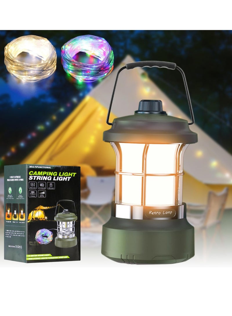 QLIGHT Rechargeable LED Camping Lantern with 15m RGB String Lights – 4000mAh Battery, Dual Light Modes Camping lights Portable Waterproof Lights for Camping Green LED Lantern for Outdoor Activities and Camping Tent Light - Image 1