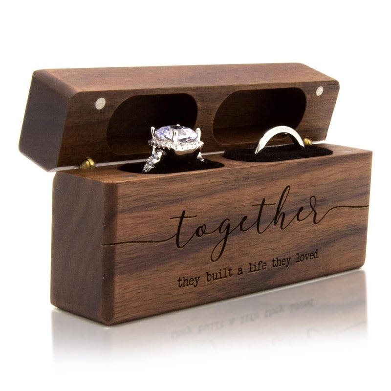 MUUJEE Together Wide Double Ring Box - Engraved Slim Wooden Ring Case Box for Wedding Ceremony Engagement Proposal Ring Bearer Box - Anniversary Birthday Gift Ideas (Together) - Image 1