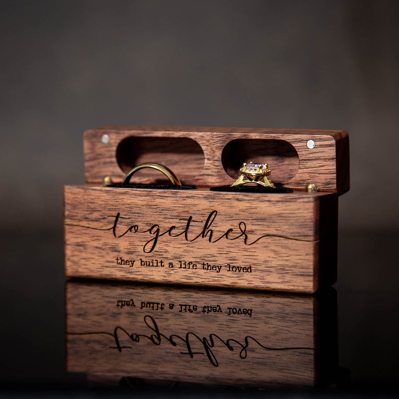 MUUJEE Together Wide Double Ring Box - Engraved Slim Wooden Ring Case Box for Wedding Ceremony Engagement Proposal Ring Bearer Box - Anniversary Birthday Gift Ideas (Together) - Image 4